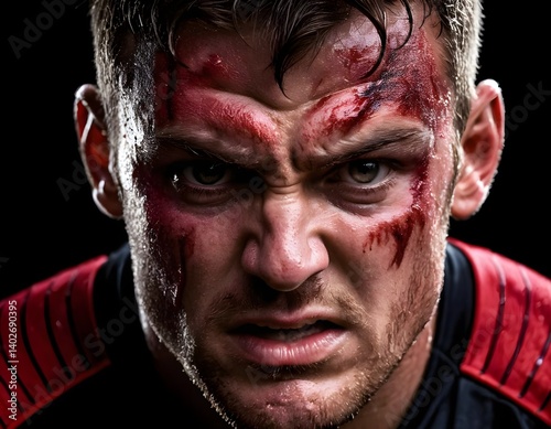 Bloody Face of Aggressive Rugby Player