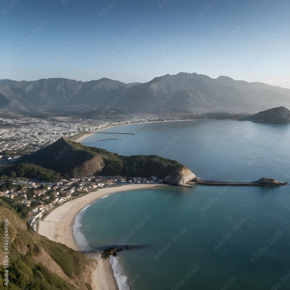 Obraz premium Panoramic View of Coastal Town Nestled in a Bay with Mountain Background