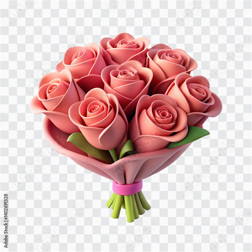 3D Plastic Rose Bouquet PNG | Floral Decoration Render | Romantic Flower Clipart Design