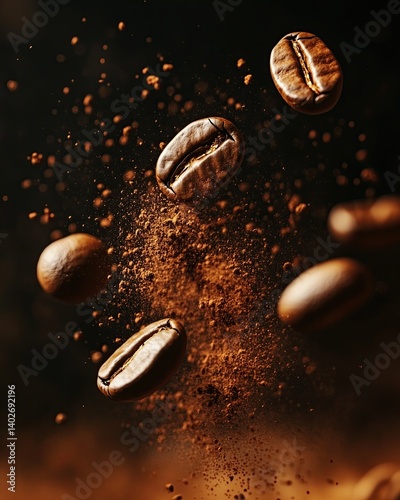 Cinematic hyper realistic capture of floating coffee beans in golden-brown powder burst, with precise depth of field and elegant contrast