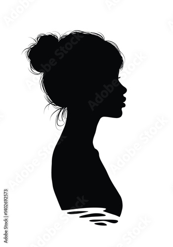 Black female silhouette. Woman profile with hair in a bun and detailed neck and shoulders, portraying elegance and simplicity. Vector clipart black illustration design.