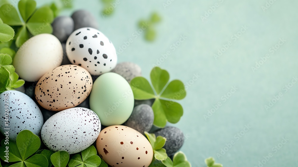 A vibrant arrangement of Easter eggs on a soft green background, surrounded by clovers, symbolizing spring festivities. A vibrant arrangement of Easter eggs on a soft green background, surrounded by clovers, symbolizing spring festivities.