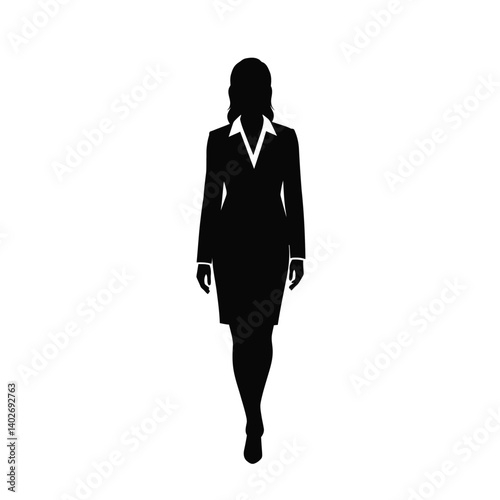 Business woman silhouette. A professional woman in formal attire walking confidently, symbolizing elegance and leadership. Vector clipart black illustration design.