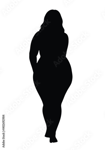Fat woman silhouette. The image shows a black silhouette of a woman with a curvy body shape. Vector clipart black illustration design.