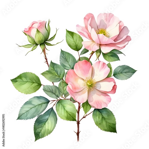 Watercolor Pink Dog Rose Flowers