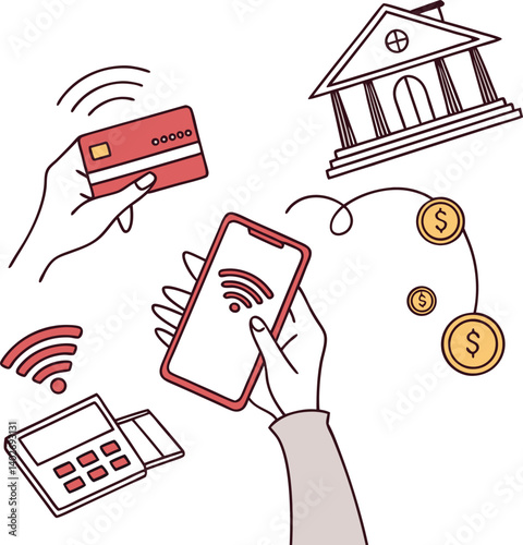  Illustration of digital payment methods with credit card, mobile phone, and wireless transactions, symbolizing modern banking, cashless payments, and financial technology in the digital era.