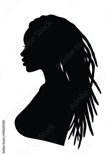 Female dreadlock silhouette. A black silhouette of a woman in profile view with detailed long dreadlocks, showcasing elegance and charm. Vector clipart black illustration design.