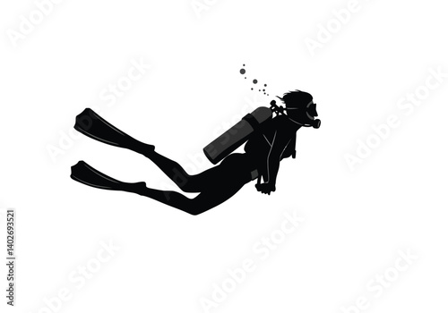 Female scuba diver silhouette. A female scuba diver is swimming underwater with fins, a mask, and a tank, releasing bubbles. Vector clipart black illustration design.