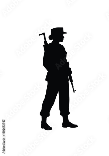 Female veteran silhouette. A woman in military uniform holding a rifle, symbolizing duty and strength. Vector clipart black illustration design.