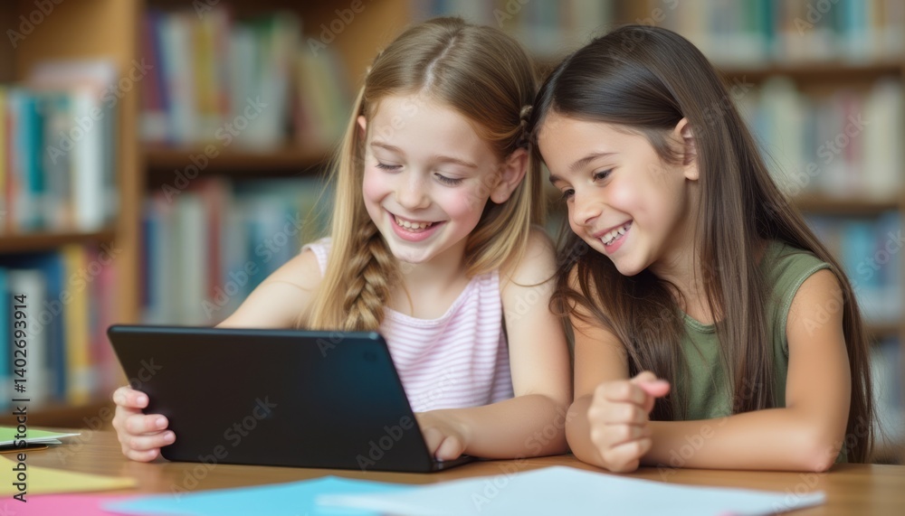 The image captures two young girls, one with braided hair and the other with long, straight hair, engrossed in a tablet. Their radiant smiles and close proximity convey a sense of friendship and The image captures two young girls, one with braided hair and the other with long, straight hair, engrossed in a tablet. Their radiant smiles and close proximity convey a sense of friendship and