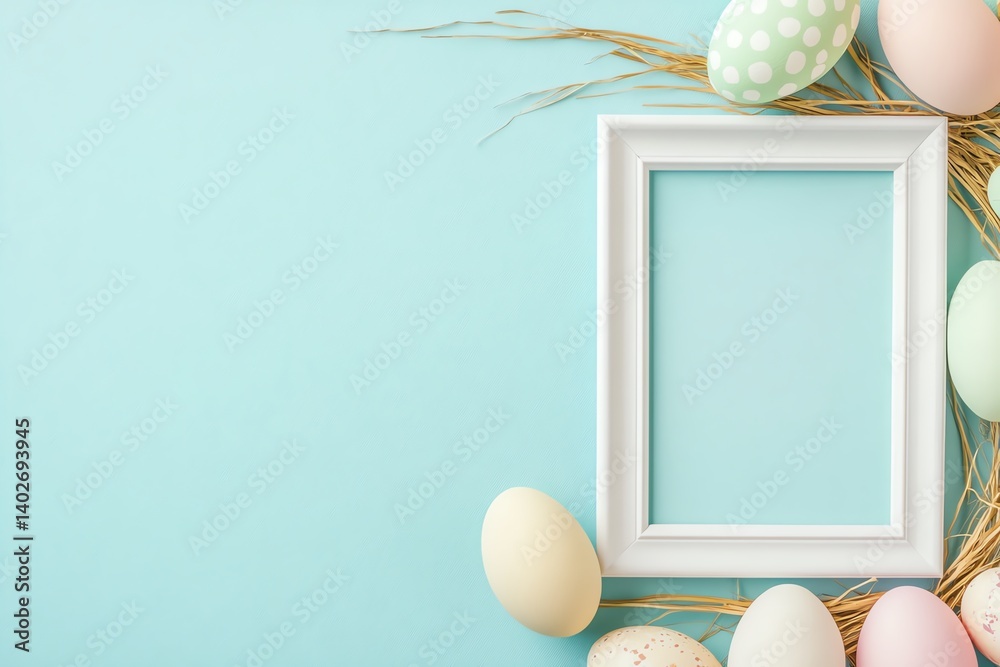 Colorful Easter eggs arranged with straw and a blank white frame for customizable spring-themed decoration.