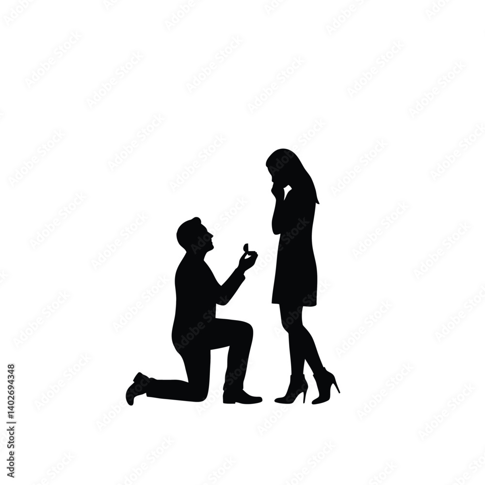 Man proposing silhouette. A man kneeling and holding a ring towards a standing woman, symbolizing love and commitment. Vector clipart black illustration design. Man proposing silhouette. A man kneeling and holding a ring towards a standing woman, symbolizing love and commitment. Vector clipart black illustration design.