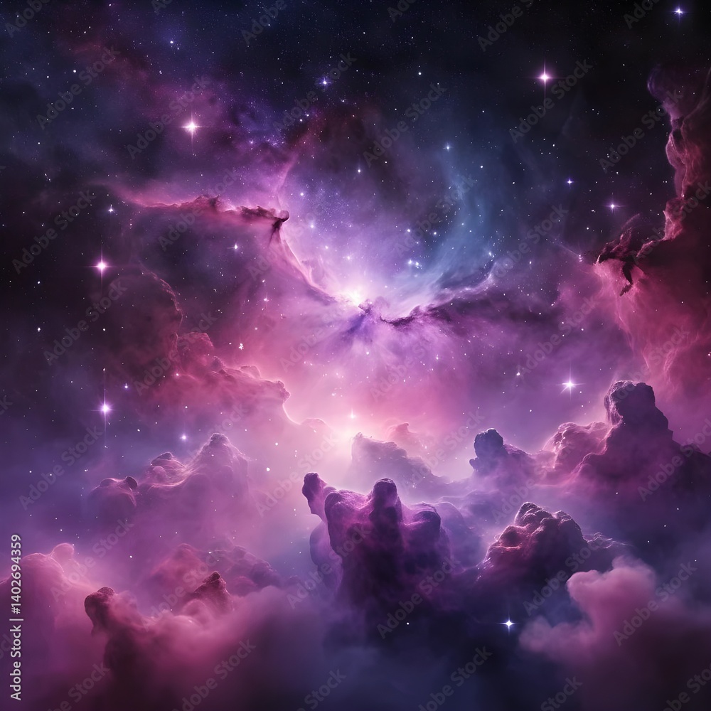 Naklejka premium Cosmic Nebula Purple and Pink Galactic Clouds