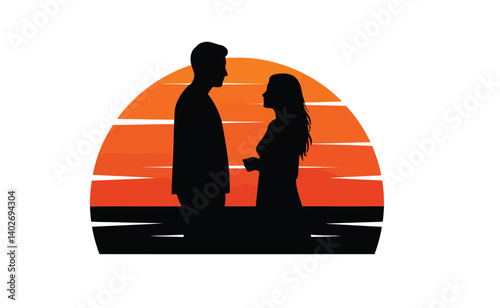 Man and woman silhouette sunset. A romantic silhouette of a man and woman facing each other with a serene sunset background. Vector clipart black illustration design.