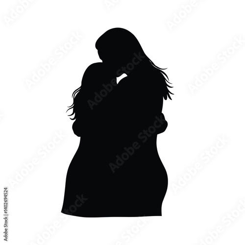 Mother and daughter hugging silhouette. A touching depiction of a mother and child embracing, symbolizing love and familial bond. Vector clipart black illustration design.