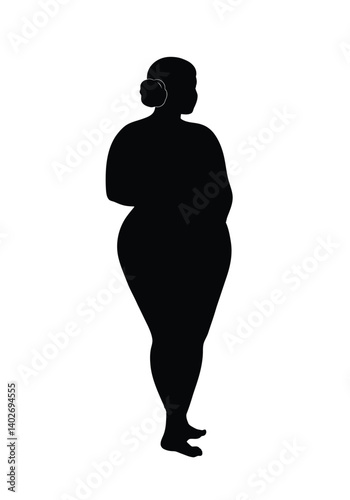 Plus size woman silhouette. The image shows a black silhouette of a plus-size woman standing in a relaxed pose. Vector clipart black illustration design.