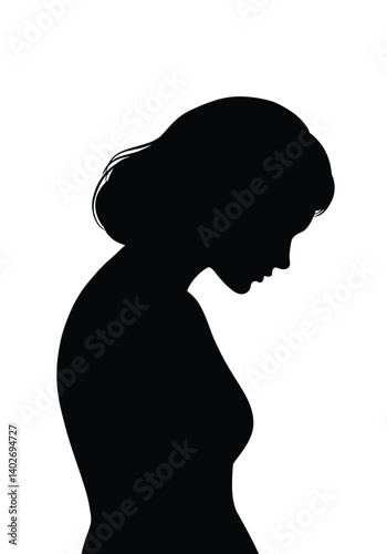 Sad woman silhouette. A black silhouette of a woman with her head down, capturing sorrow and loneliness. Vector clipart black illustration design.