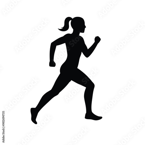 Running woman silhouette. A female athlete is depicted in a dynamic running posture with flowing ponytail, symbolizing speed and motion. Vector clipart black illustration design.