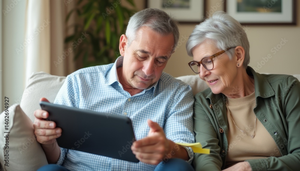 An affectionate elderly couple sits closely on a cozy sofa, sharing a delightful moment as they explore a tablet together. Their expressions radiate joy and connection, showcasing the beauty of An affectionate elderly couple sits closely on a cozy sofa, sharing a delightful moment as they explore a tablet together. Their expressions radiate joy and connection, showcasing the beauty of