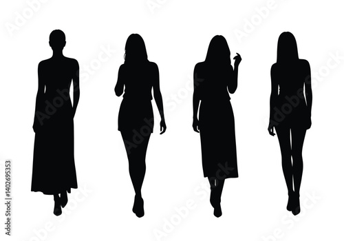 Silhouette of ladies. The image depicts multiple female figures in various elegant poses and outfits, showcasing style and grace. Vector clipart black illustration design.