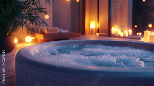 A vanilla milkshake jacuzzi bubbles softly lit by ambient lights