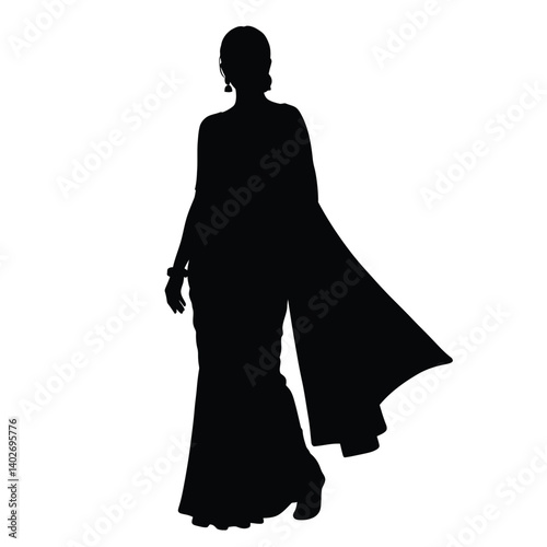 woman in saree silhouette. A woman in a saree with a flowing pallu. Vector clipart black illustration design.