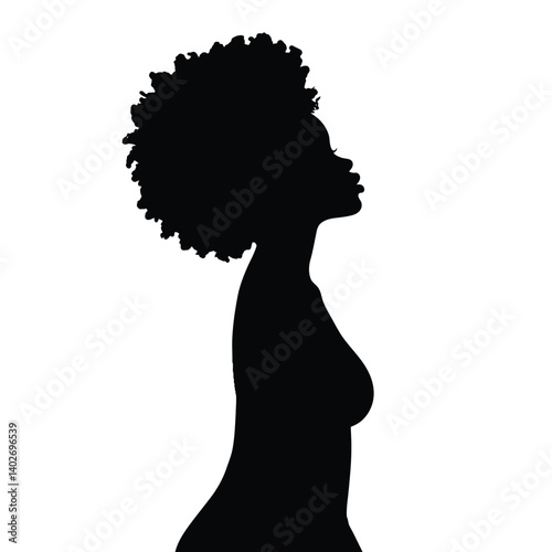 African American woman silhouette. Side profile of a woman with afro hairstyle, depicting elegance and beauty. Vector clipart black illustration design.
