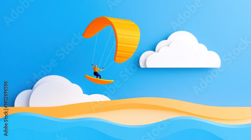 Water sport, A kitesurfer jumping above the sea in a vibrant, flat illustration style with high fidelity detail.