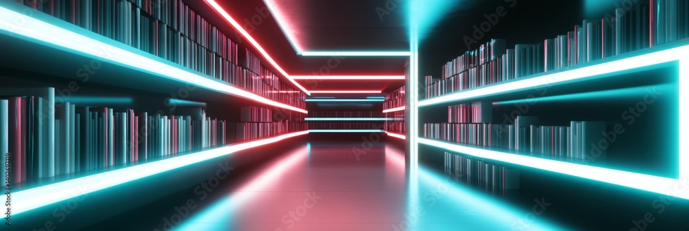 Modern digital library with neon lights streamlined design perfect background for educational content offers ample copy space for creative text overlays Modern digital library with neon lights streamlined design perfect background for educational content offers ample copy space for creative text overlays