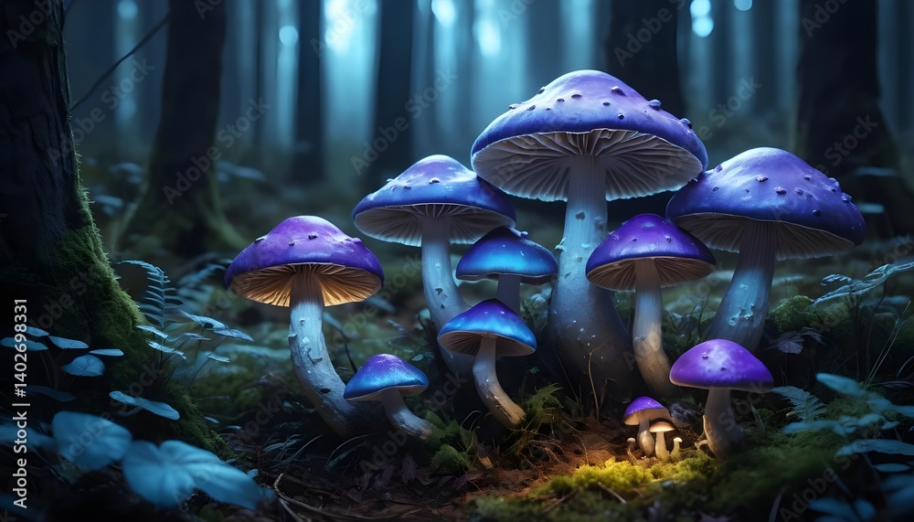 Fototapeta premium Enchanting Glowing Mushrooms in a Dark Forest