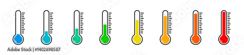 thermometers measuring. thermometer with yellow blue red scale, climate control, weather change, flat vector bicolor icon, weather icon. Temperature thermometer icon collection on white background.