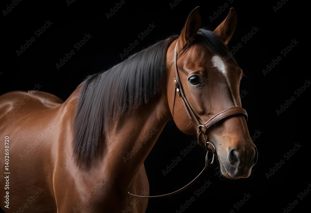 Fototapeta premium Chestnut Horse Portrait Against Black Background