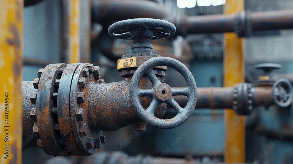 Rusty Industrial Valve and Pipes in a Factory Setting Rusty Industrial Valve and Pipes in a Factory Setting