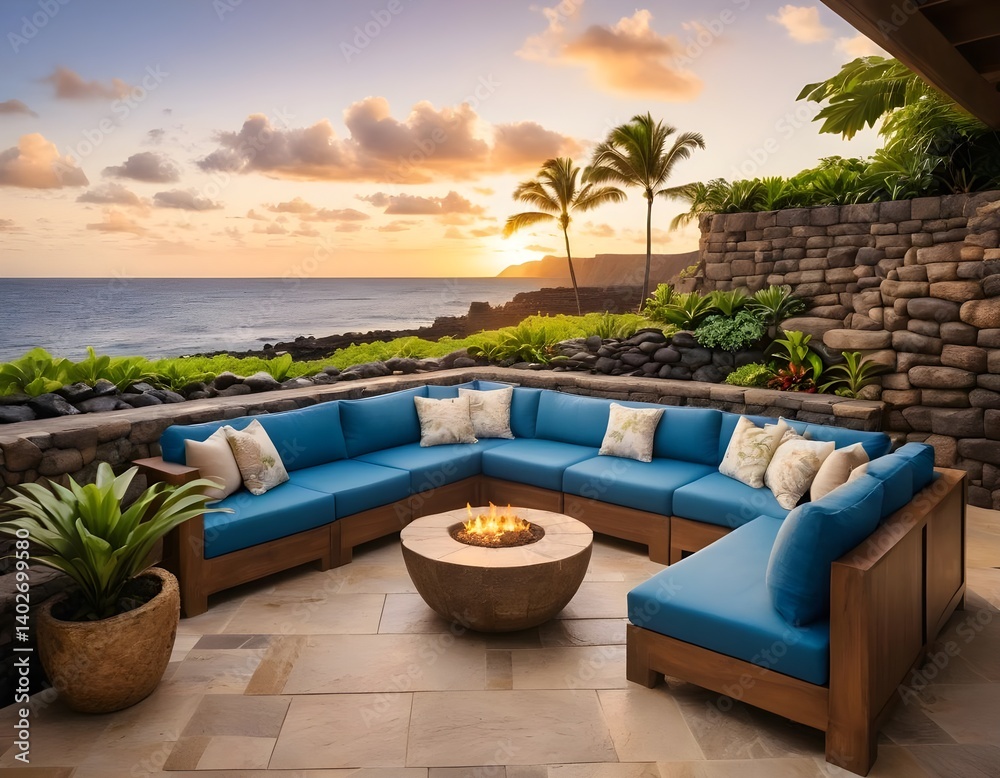 Fototapeta premium Luxury Oceanfront Patio with Sunset View