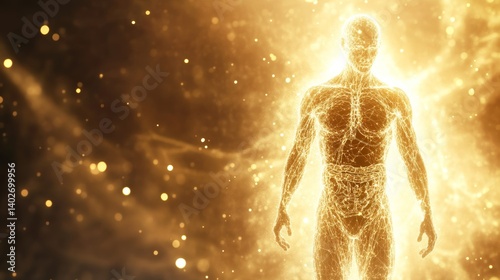 Human body anatomy glowing golden light effect medical illustration showing internal organ systems and blood vessels on a bright background 