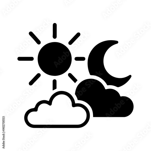 Weather icon with sun, moon, and clouds, black silhouette representing day and night conditions in a minimal style
