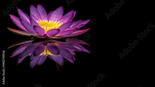 Stunning Purple Water Lily Blooming with Reflection on Dark Background in Tranquil Setting
