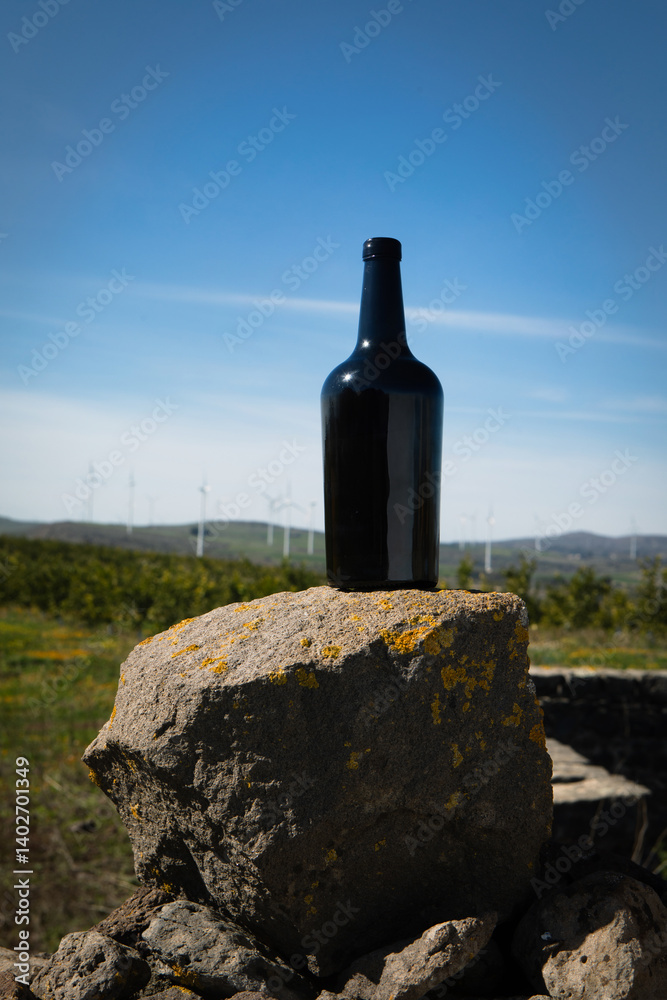 Black booze bottle on rocks. Stock image without brand, natural and blue sky background Black booze bottle on rocks. Stock image without brand, natural and blue sky background