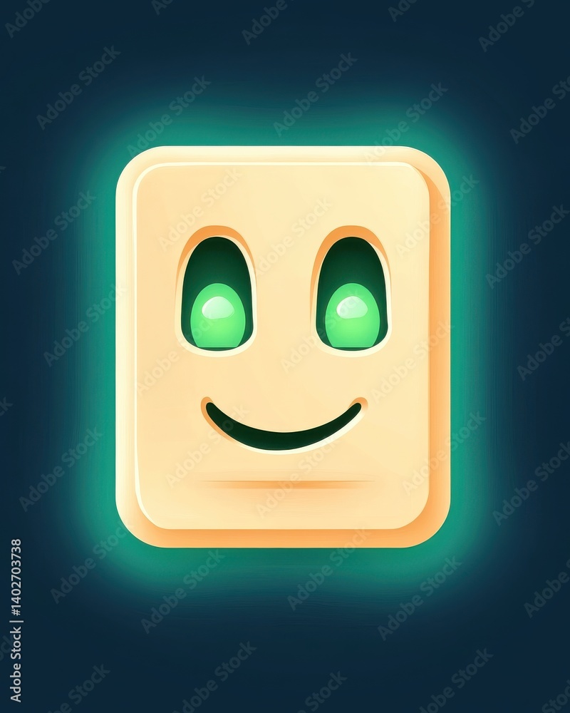 Fototapeta premium A cheerful flat art style power socket icon with glowing green eyes and a smiling face design perfect for user interfaces and app designs.