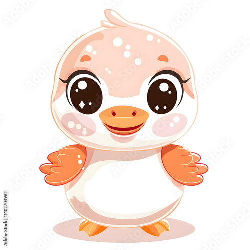 kawaii cartoon goose with big sparkly eyes, blushing cheeks, pastel white and orange colors, round body and tiny wings, isolated on white background