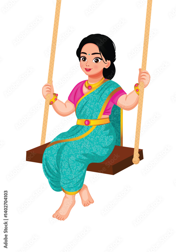 Happy Indian Woman Enjoy On Swing Vector Illustration (Royalty Free) Happy Indian Woman Enjoy On Swing Vector Illustration (Royalty Free)