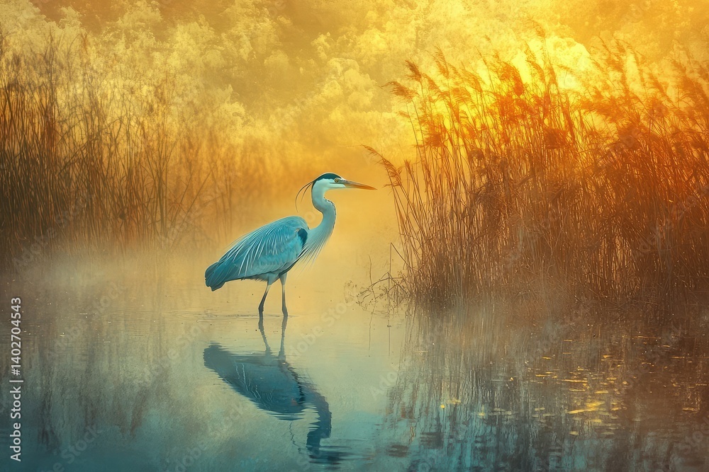 Naklejka premium A blue heron wades through the calm waters of an iridescent marsh