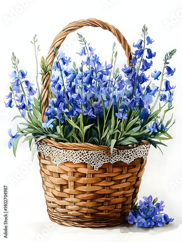 Beautiful bluebell flowers arranged in a rustic basket with lace trim