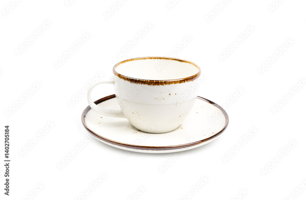 Obraz premium Side view, Beige ceramic coffee cup or tea and saucer with brown dots and rim isolated on a white background. Template for food design, and banner. Use for home or restaurant..