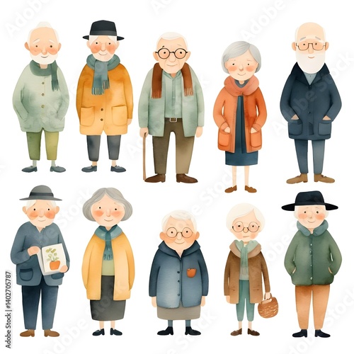 Watercolor Illustration of Diverse Senior Citizens