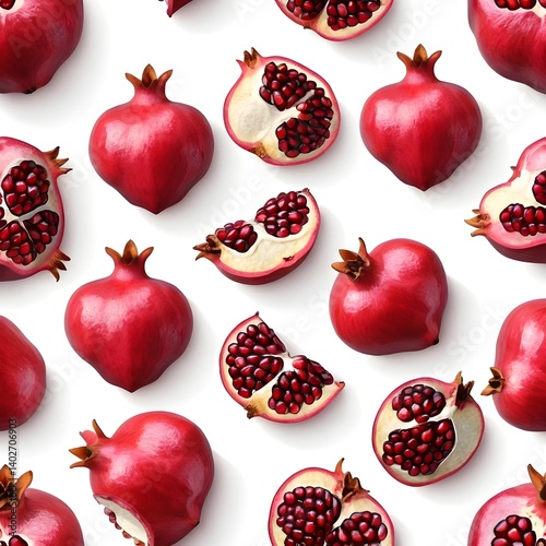 Pomegranate Pattern Whole and Sliced Fruits on White Background