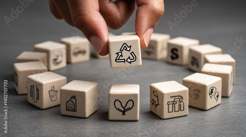 Recycling concept, wooden blocks with various symbols