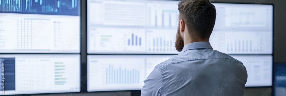 Focused data analyst monitoring digital charts on multiple screens clean background