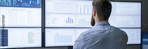 Obraz na płótnie Focused data analyst monitoring digital charts on multiple screens clean background w salonie