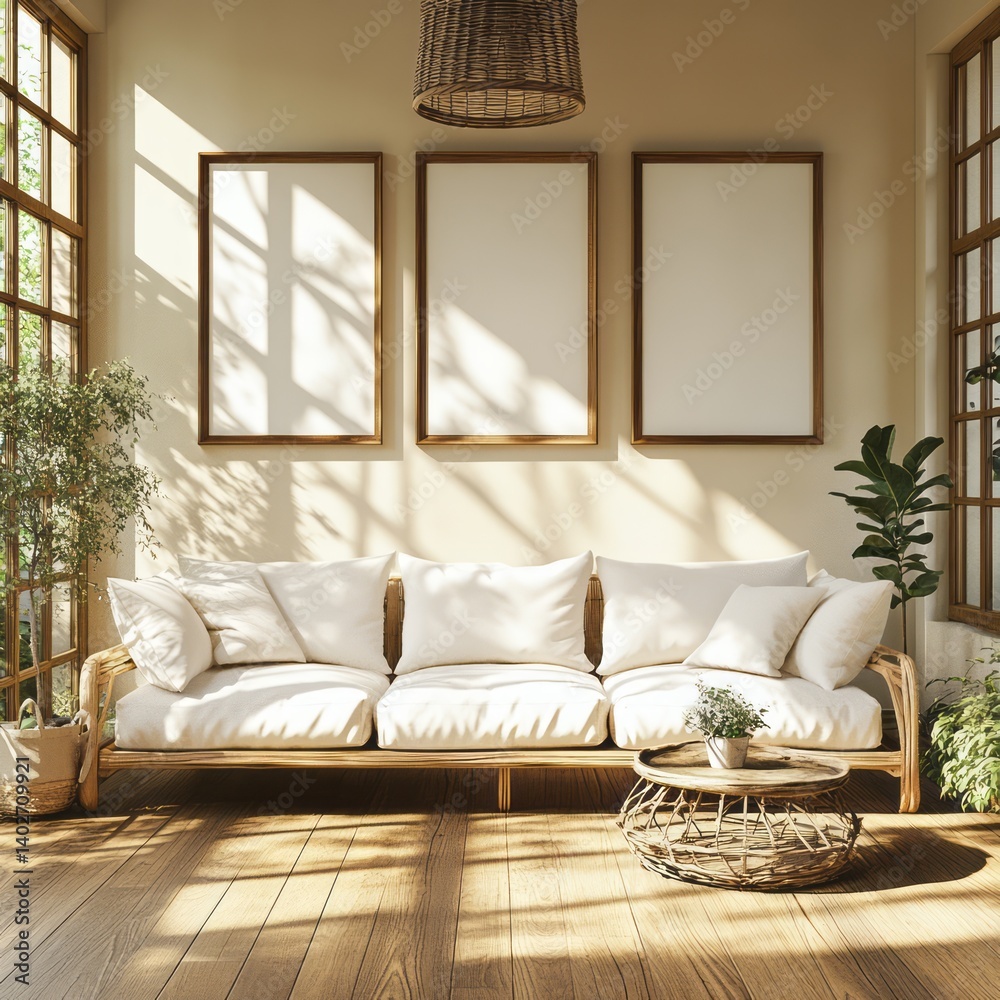 Fototapeta premium Bright living room interior with frames and bohemian style